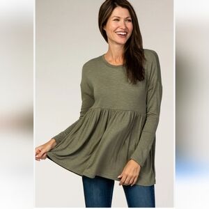 A Dip of Darling Olive Babydoll Tunic Size L Flowy Long Sleeve Boutique #1317